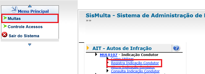 Menu para Cadastrar Indicação de Condutor