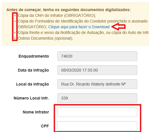 Dados para serem preenchidos na Indicação de Condutor